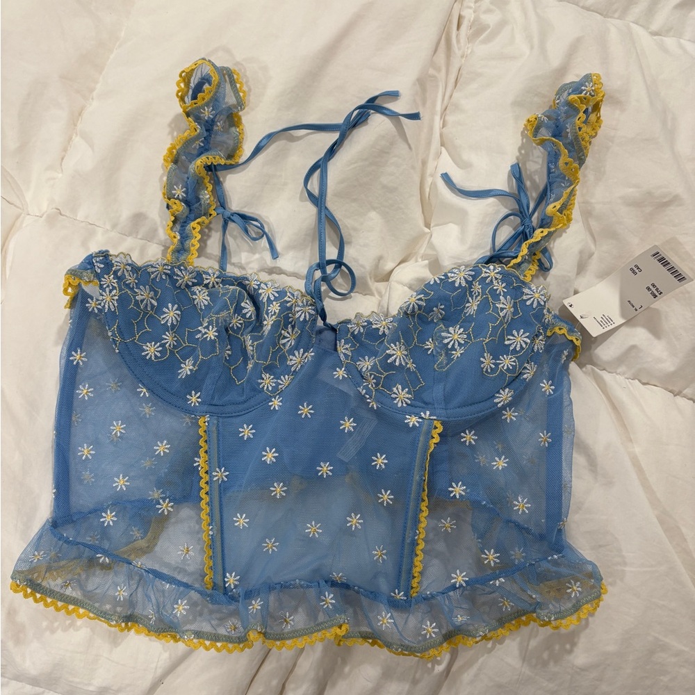 Blue OUT FROM UNDER URBAN OUTFITTERS bustier with Yellow & Floral Embroidery